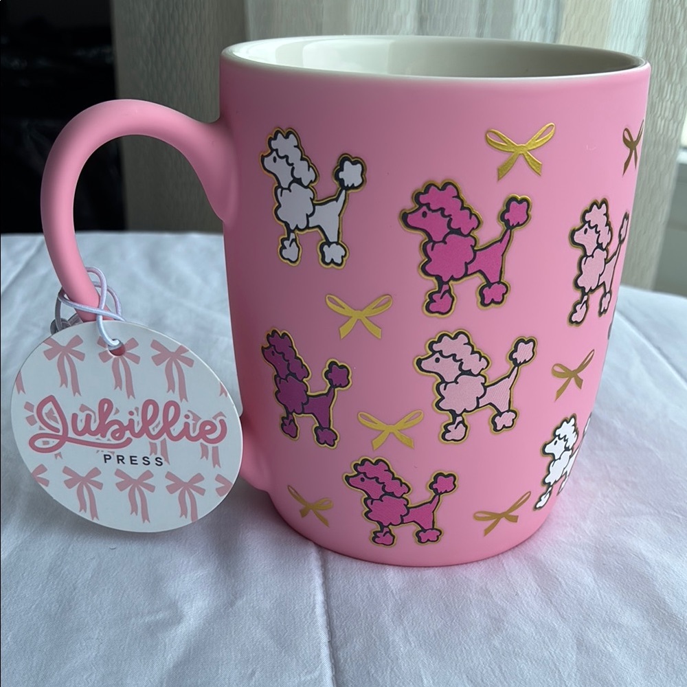 Jubillie  Pink and Gold Ceramic Mug with Whimsical Poodle Design Soft Touch